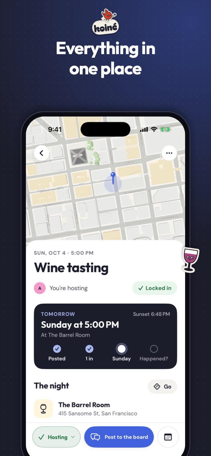 A locked-in wine tasting at The Barrel Room on Sunday at 5 PM, with a map, the countdown to the night, and the stop.